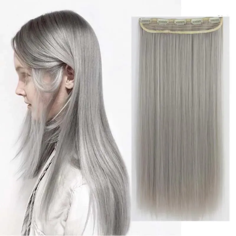 Clip in One Piece Wavy Synthetic Hair Extension Long Straight Synthetic Black Gray Color GreyHairpieces — image 2