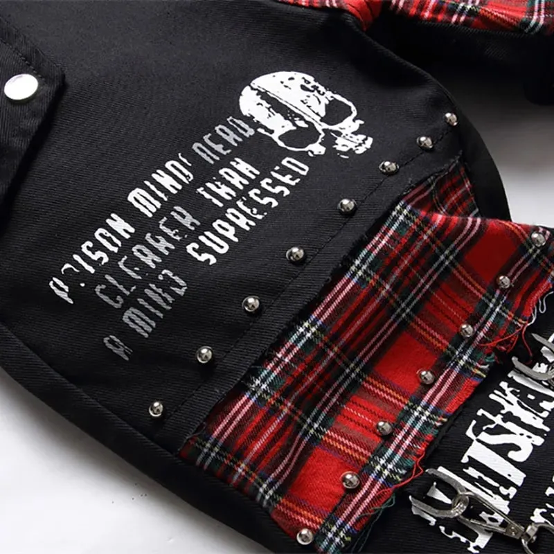 Jeans Tambal Sulam Tartan Kotak-kotak Merah Skotlandia Pria Celana Denim Hitam Tambalan Keling Punk Celana Panjang Lurus Ramping Cetak Huruf Tengkorak — image 6