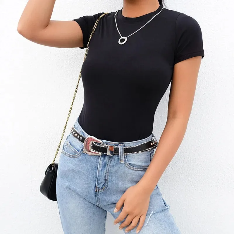 Casual Basic Black White Bodysuit Women Summer Short Sleeve Woman Body Top Cotton Bodycon Jumpsuit Romper Ladies 2020 — image 7
