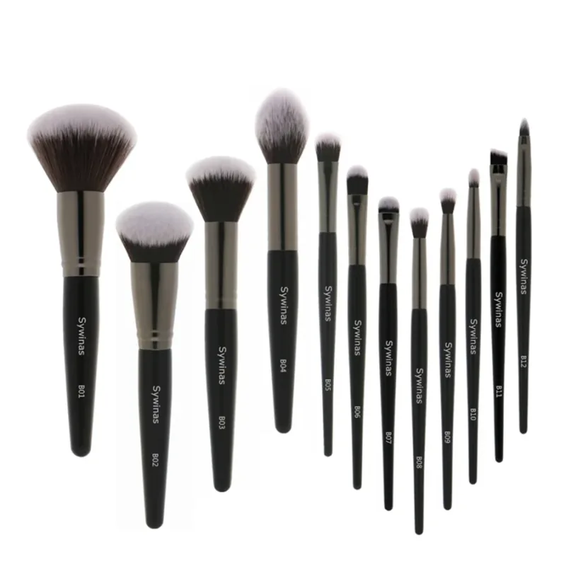 Sywinas ชุดแปรงแต่งหน้าสีดำ 12 ชิ้นคุณภาพสูงสังเคราะห์ผม Foundation Contour อายแชโดว์ Make Up Brush Set