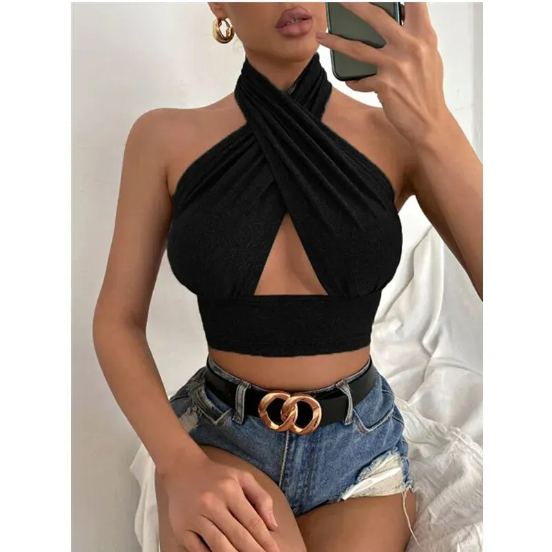 Frauen Sommer Tank Tops Solide Kreuz Halter Camis Backless Crop Tops Weibliche Leibchen Abgeschnitten Top Schlank Ärmellose Streetwear — image 1