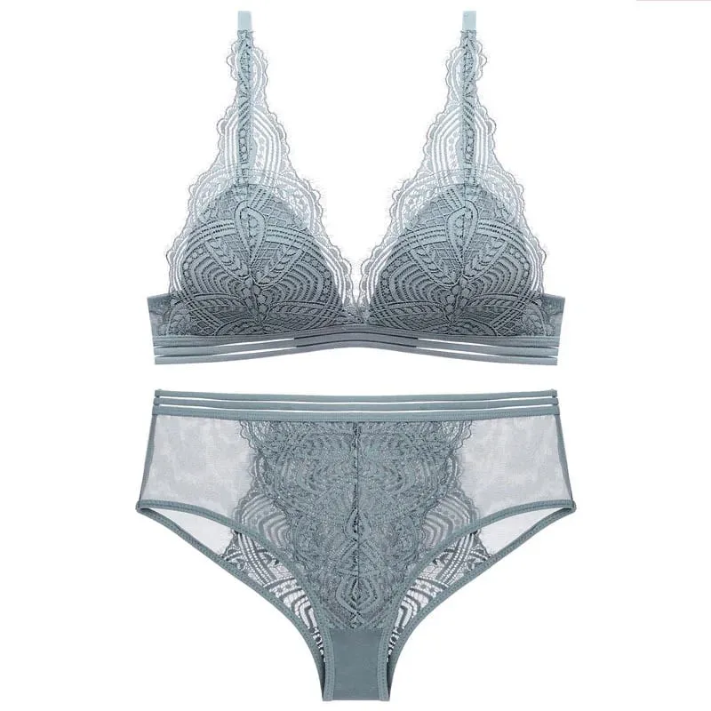 Conjunto de sutiã e calcinha triangular de renda sem fio, forro fino, roupa íntima feminina sexy, lingerie francesa, sutiã bralette — image 2