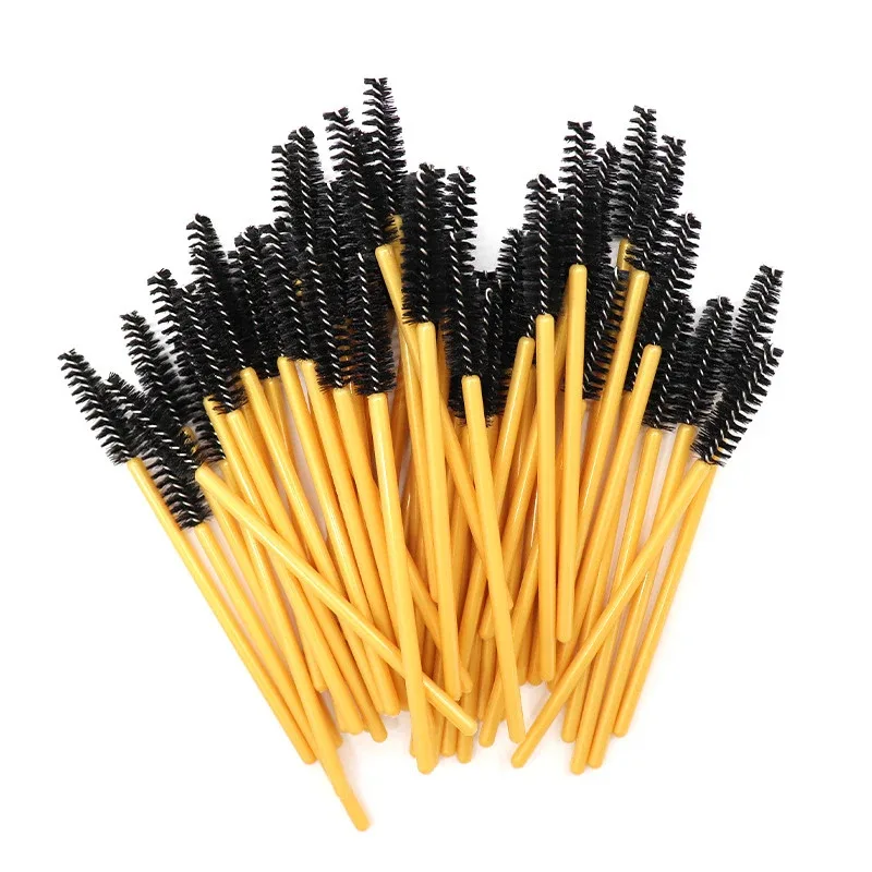 Neu angekommen 200 stücke Goldenen Griff Gelbe Pinsel Nylon Einweg Mascara Zauberstäbe Wimpern Make-Up Pinsel Wimpern Verlängerung — image 6