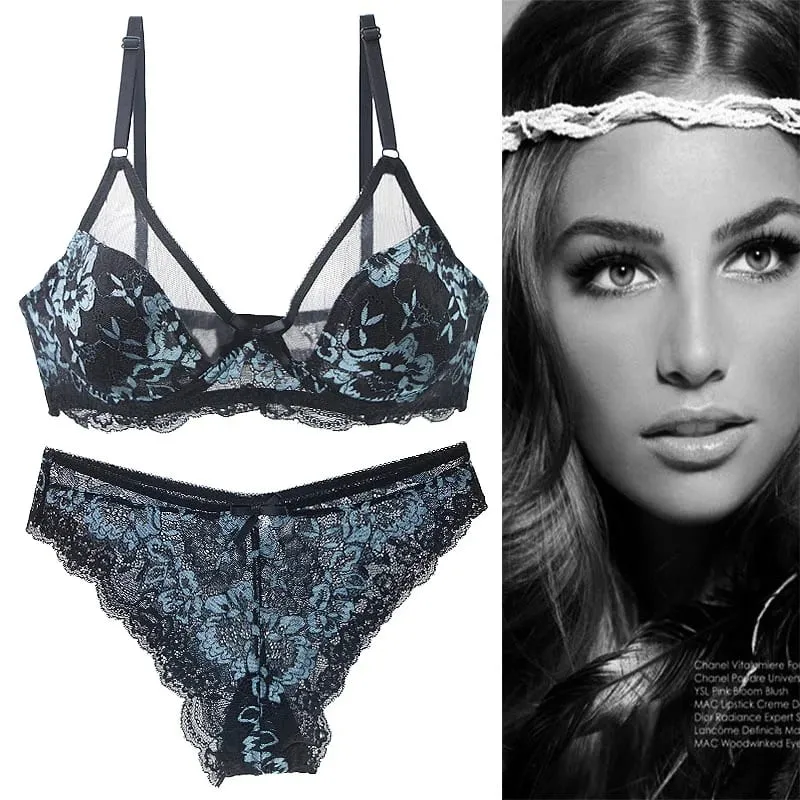 Frauen Ultra-dünne BCDE Tasse Mesh Spitze Unterwäsche Transparente Bh Sets Schönheit Zurück Hohl Stickerei Weibliche Dessous — image 3