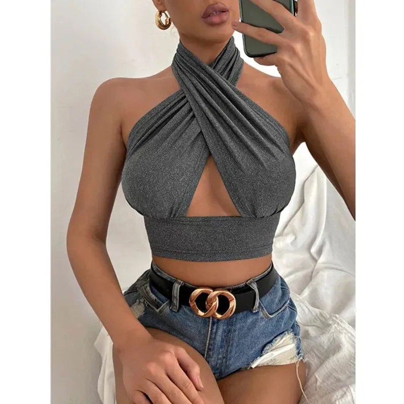 Frauen Sommer Tank Tops Solide Kreuz Halter Camis Backless Crop Tops Weibliche Leibchen Abgeschnitten Top Schlank Ärmellose Streetwear — image 4