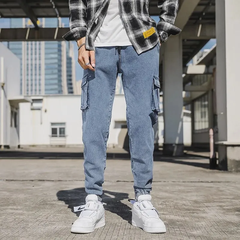 Celana Jeans Jogger Pria Celana Kargo Denim Multi Saku Agak Melar Bahan Katun Dicuci Ukuran Asia L-6XL — image 7