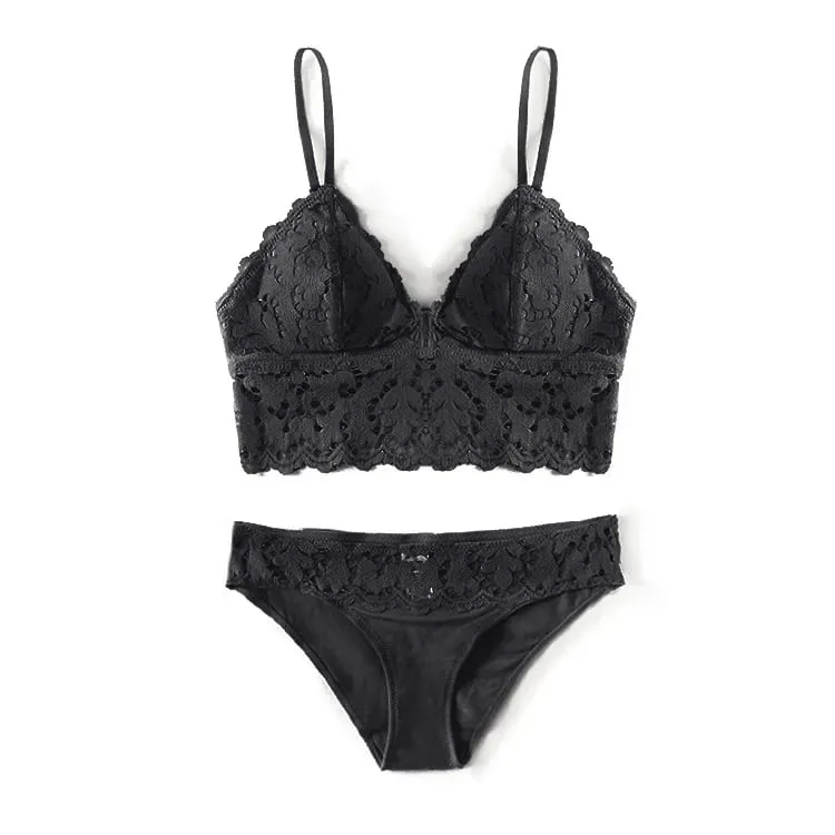 Hollow Out Lace สามเหลี่ยมถ้วย Bra เบาะฟรีชุดชุดชั้นในลูกไม้ Top Bra และชุดกางเกงชุดชั้นในสำหรับสตรี
