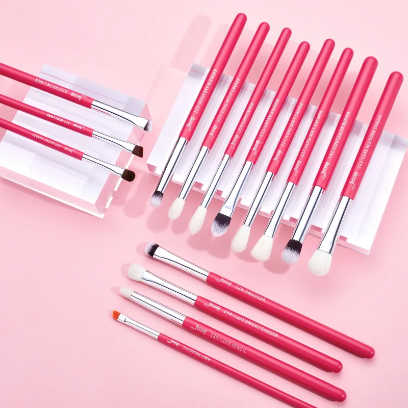 Jessup Make-up-Pinsel-Set, 15-teilig, professioneller Make-up-Pinsel, Eyeliner, Shader, natürlich-synthetisch, Rose-Karmin/Silber — image 2