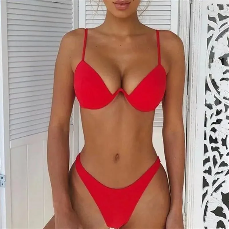 Dámské 2ks bikini soupravy jednobarevné drátěná vycpávka na zádech přezka ve tvaru V podprsenka trojúhelník vysoký pas kalhotky letní plavky spodní prádlo — image 10