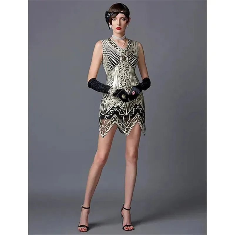 1920er-Jahre-Damenkleid mit Pailletten und dreieckigem Saum, ärmellos, Goldfaden-Stickerei, Quaste, Gatsby-Partykleid — image 5