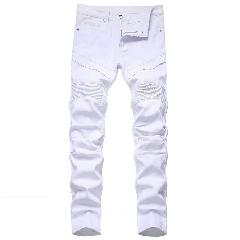 Men's Biker Jeans Black White Pleated Denim Pants Plus Size Slim Straight Classic Trousers — image 3