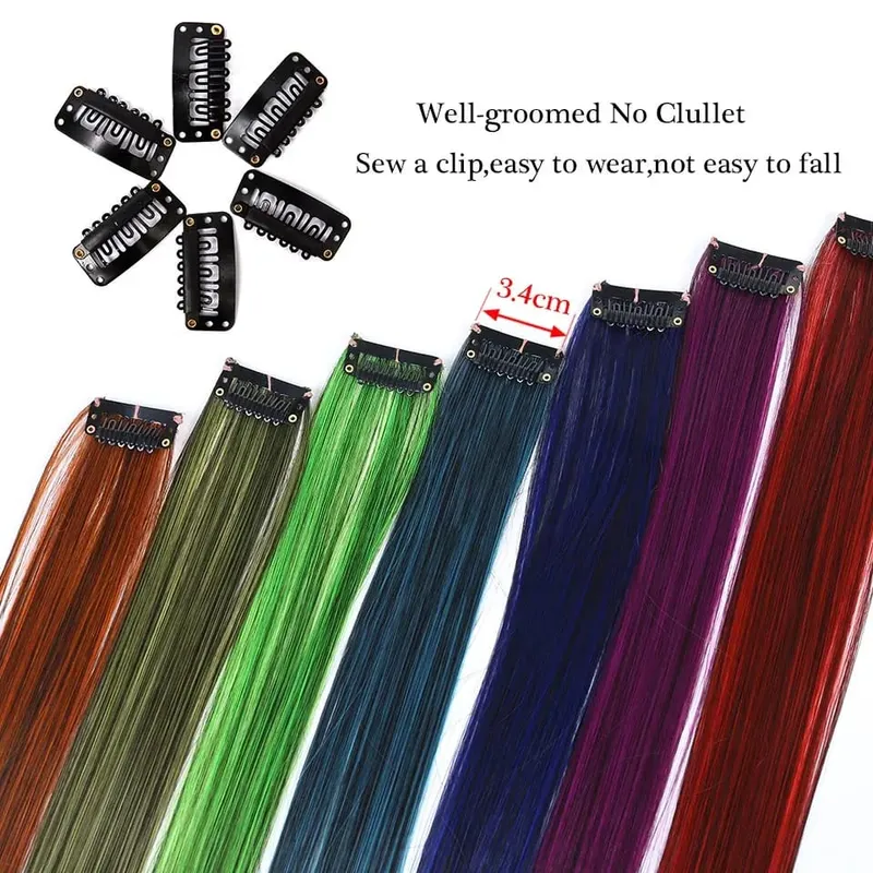 Lupu Synthetic Long Straight Rainbow Highlight Colored Hair Extensions Clip In Fake Hair Pieces For Women Heat Resistant — image 4