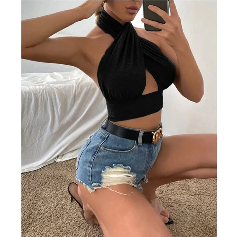 Frauen Sommer Tank Tops Solide Kreuz Halter Camis Backless Crop Tops Weibliche Leibchen Abgeschnitten Top Schlank Ärmellose Streetwear — image 2