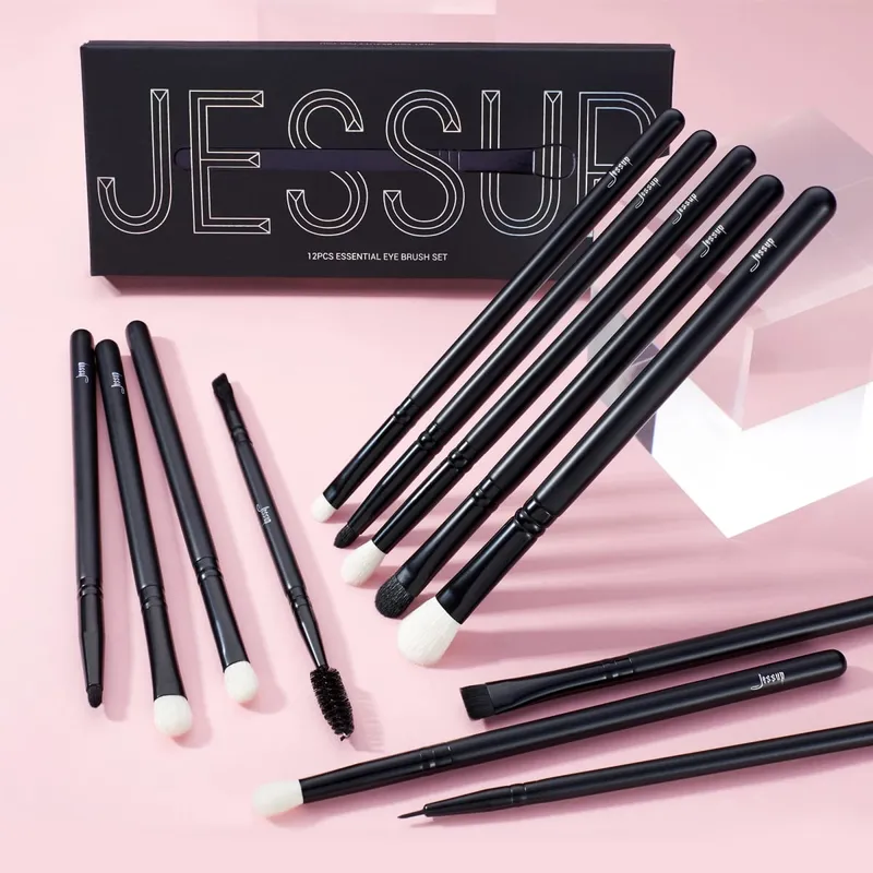 Jessup Augen-Make-up-Pinsel-Set, Lidschatten-Pinsel-Set, Blending Eyeliner, Augenbrauen, Wimpern, Schatten, Spoolie, 12 Stück, gemischtes Haar, Schwarz, T322