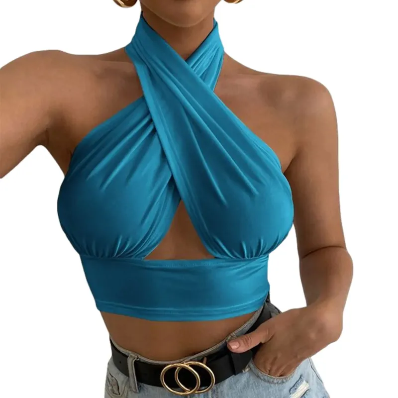 Frauen Sommer Tank Tops Solide Kreuz Halter Camis Backless Crop Tops Weibliche Leibchen Abgeschnitten Top Schlank Ärmellose Streetwear — image 11