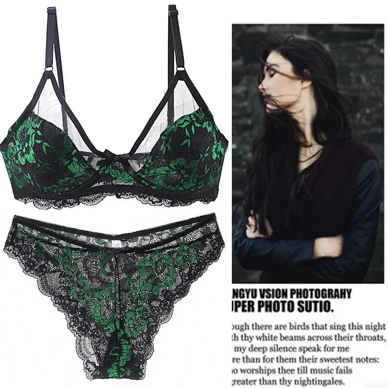 Frauen Ultra-dünne BCDE Tasse Mesh Spitze Unterwäsche Transparente Bh Sets Schönheit Zurück Hohl Stickerei Weibliche Dessous — image 1