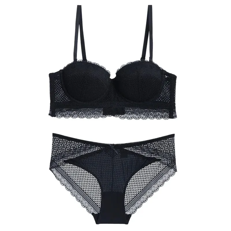 เซ็กซี่ Hollow OUT Lace ครึ่งถ้วย Push Up Bra พร้อมสายรัดที่ถอดออกได้ Broadside Bra และชุดกางเกงชุดชั้นในผู้หญิงชุดชั้นใน