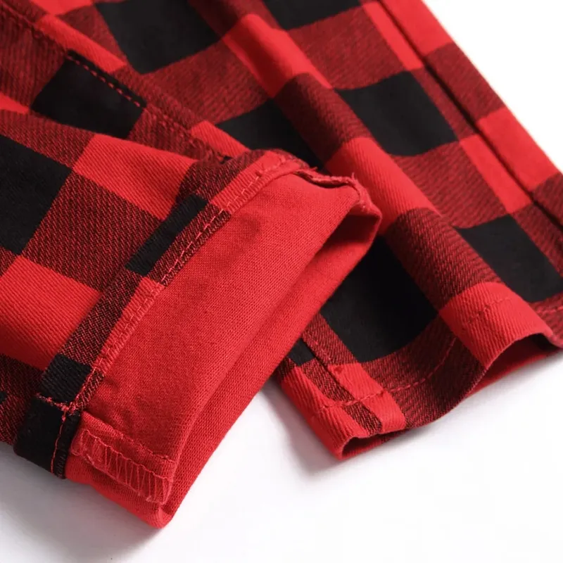 Men Red Plaid Printed Pants Fashion Slim Stretch Jeans Trendy Plus Size Straight Trousers — image 6