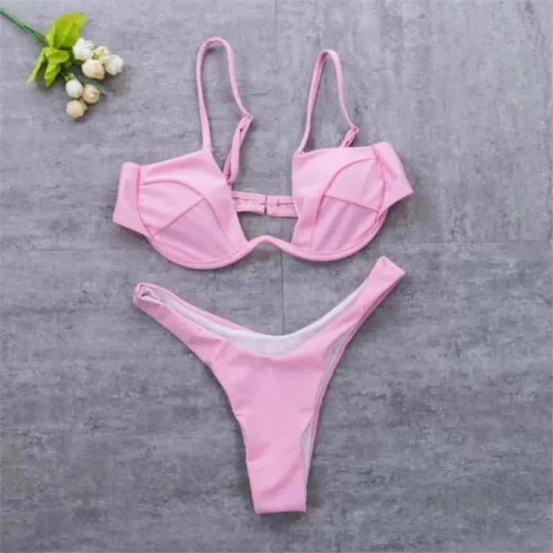 Dámské 2ks bikini soupravy jednobarevné drátěná vycpávka na zádech přezka ve tvaru V podprsenka trojúhelník vysoký pas kalhotky letní plavky spodní prádlo — image 2