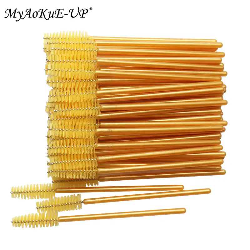 Neu angekommen 200 stücke Goldenen Griff Gelbe Pinsel Nylon Einweg Mascara Zauberstäbe Wimpern Make-Up Pinsel Wimpern Verlängerung — image 1