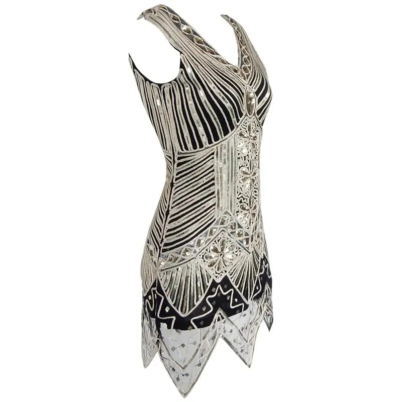 1920er-Jahre-Damenkleid mit Pailletten und dreieckigem Saum, ärmellos, Goldfaden-Stickerei, Quaste, Gatsby-Partykleid — image 4