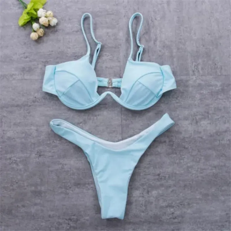Dámské 2ks bikini soupravy jednobarevné drátěná vycpávka na zádech přezka ve tvaru V podprsenka trojúhelník vysoký pas kalhotky letní plavky spodní prádlo — image 4