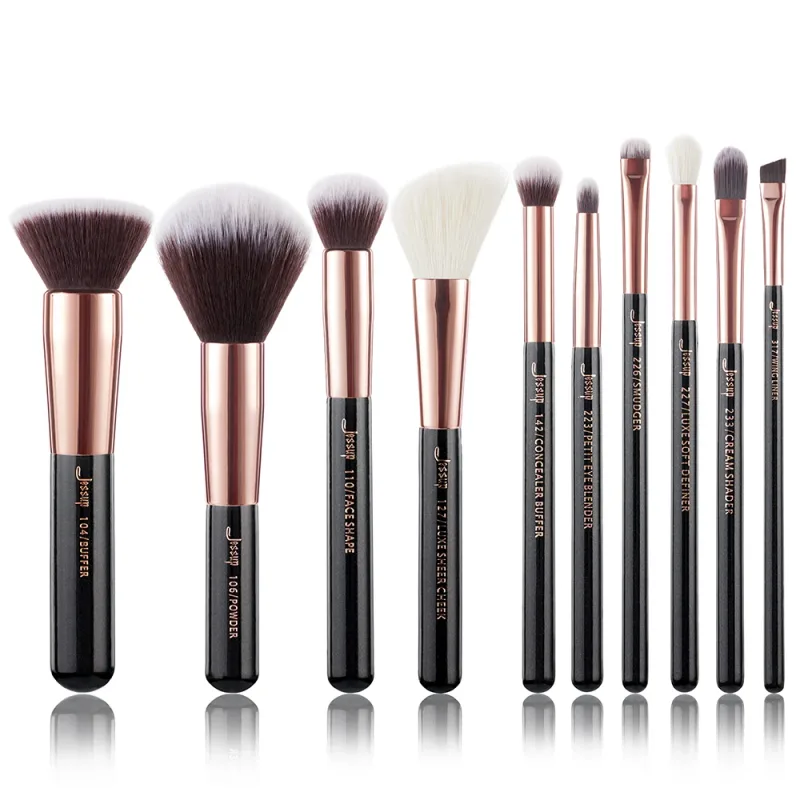 Pennelli Jessup 10 pezzi Pennelli per trucco Fondotinta naturale-sintetico in polvere Contorno Blush Ombretto Wing Liner Nero perla