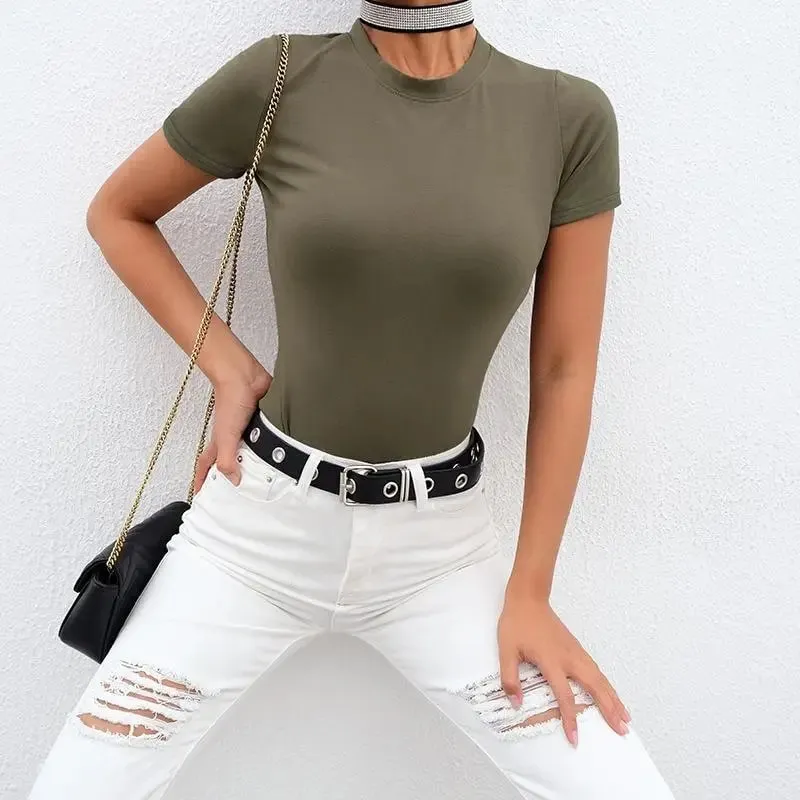 Casual Basic Black White Bodysuit Women Summer Short Sleeve Woman Body Top Cotton Bodycon Jumpsuit Romper Ladies 2020 — image 9