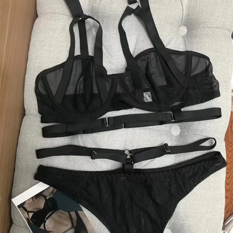 Reggiseno e slip sexy ultrasottili trasparenti con mezza coppa in rete e slip Set intimo con lingerie push up da donna Bianco Rosso Nero