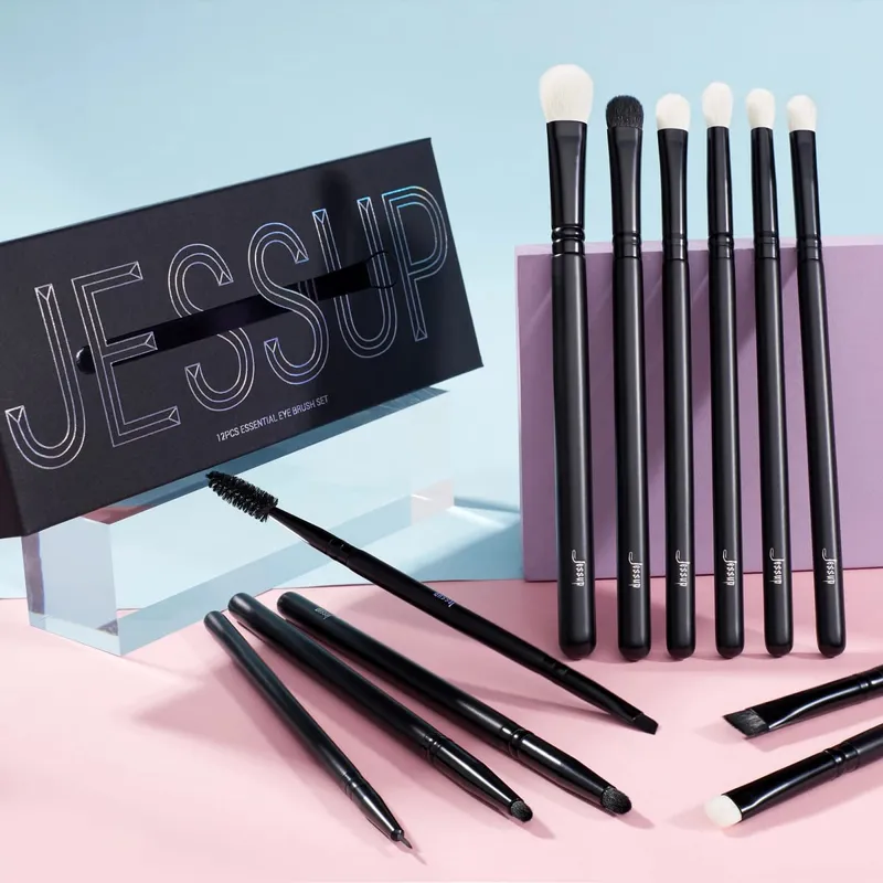 Jessup Augen-Make-up-Pinsel-Set, Lidschatten-Pinsel-Set, Blending Eyeliner, Augenbrauen, Wimpern, Schatten, Spoolie, 12 Stück, gemischtes Haar, Schwarz, T322