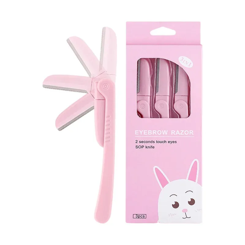 3 ชิ้น/เซ็ตสีชมพูพับ Eyebrow Trimmer ผมรักแร้มีดโกน Beauty Face Eye Brow Shaper เครื่องโกนหนวดใบมีดสแตนเลสเครื่องมือแต่งหน้า — image 6