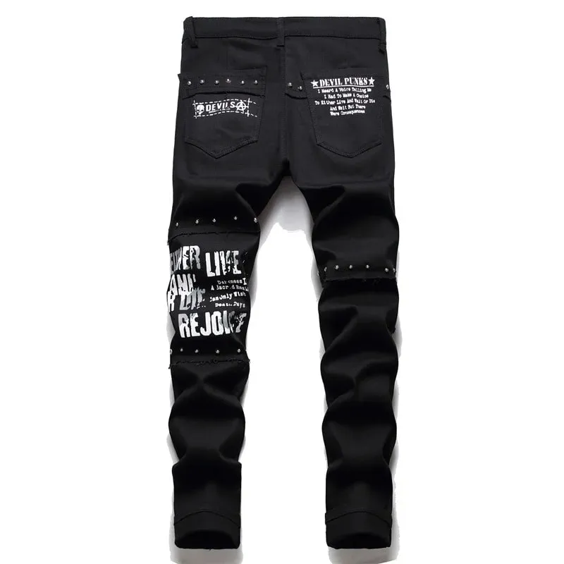 Jeans Tambal Sulam Tartan Kotak-kotak Merah Skotlandia Pria Celana Denim Hitam Tambalan Keling Punk Celana Panjang Lurus Ramping Cetak Huruf Tengkorak — image 3
