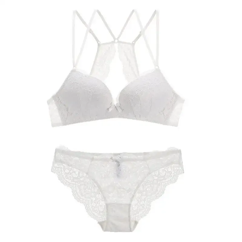 Spitze Deep Plunge Doppelträger Rückenfreier BH Nahtloser kabelloser BH und Höschenset Damenunterwäsche ohne Steine Push-Up-Dessous