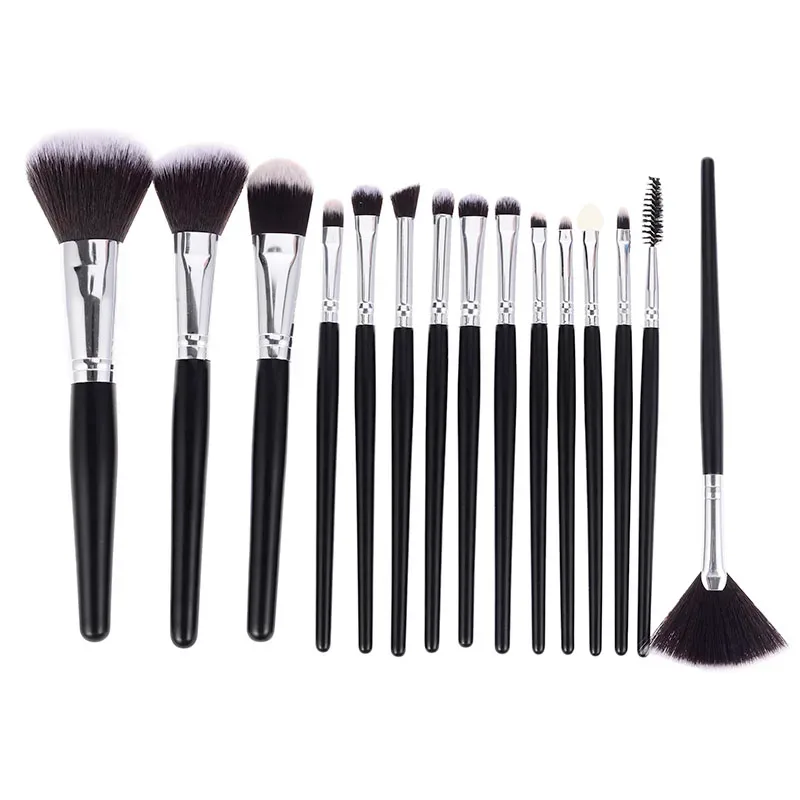 Set Berus Mekap 15pcs Berus Kipas Serbuk Bedak Pemerah Pipi Bronzer Pembayang Mata Pelapik Alis Lip Gloss Alat Campuran Serlahkan Kontur — image 5