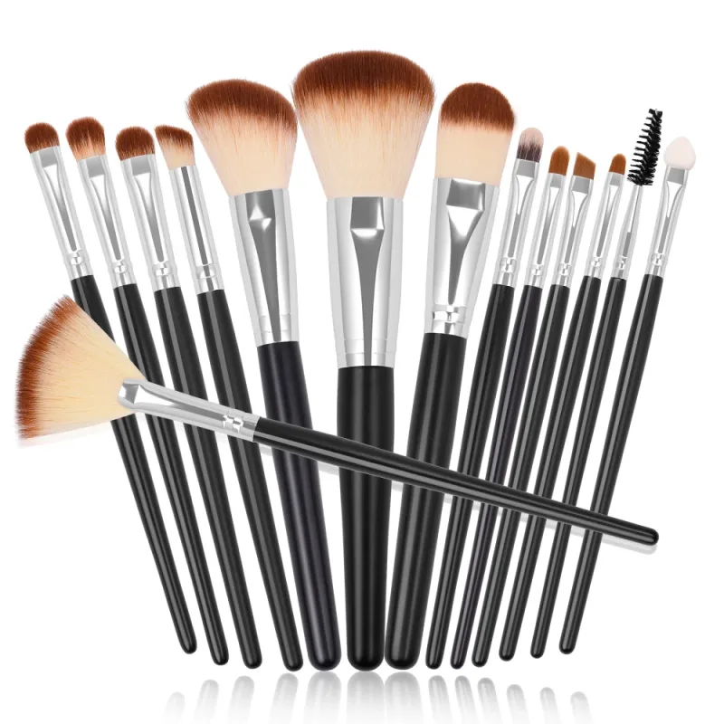 Set Berus Mekap 15pcs Berus Kipas Serbuk Bedak Pemerah Pipi Bronzer Pembayang Mata Pelapik Alis Lip Gloss Alat Campuran Serlahkan Kontur — image 3