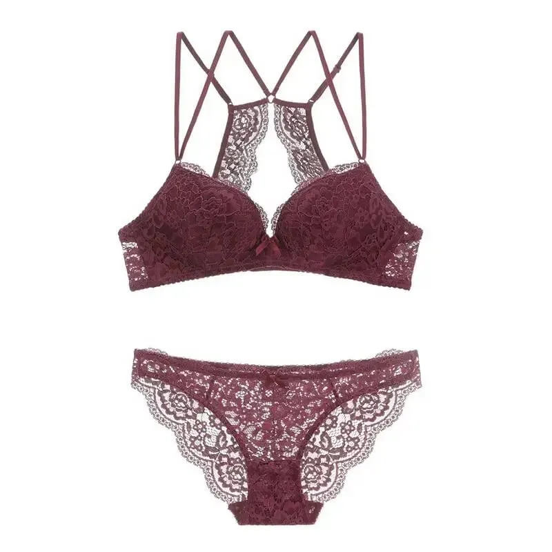 Spitze Deep Plunge Doppelträger Rückenfreier BH Nahtloser kabelloser BH und Höschenset Damenunterwäsche ohne Steine Push-Up-Dessous — image 3