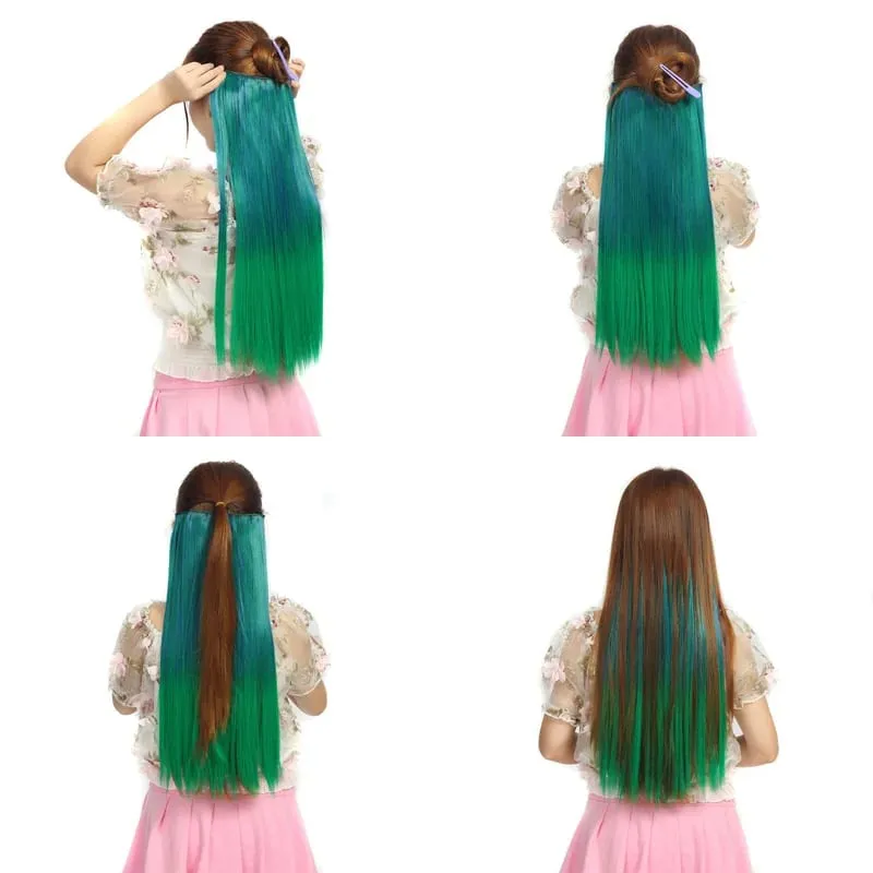 Jeedou Synthetic Clip In Hair Extension Pink Blue Green Ombre Color One Piece With 5Clips Straight Halloween Cosplay Hairpieces