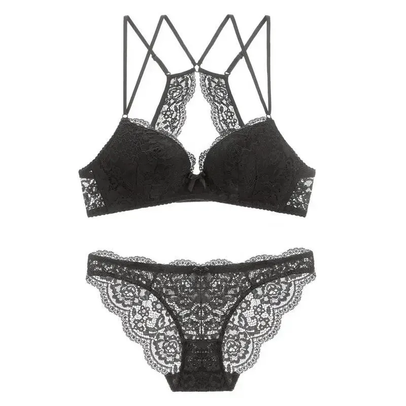 Spitze Deep Plunge Doppelträger Rückenfreier BH Nahtloser kabelloser BH und Höschenset Damenunterwäsche ohne Steine Push-Up-Dessous — image 2