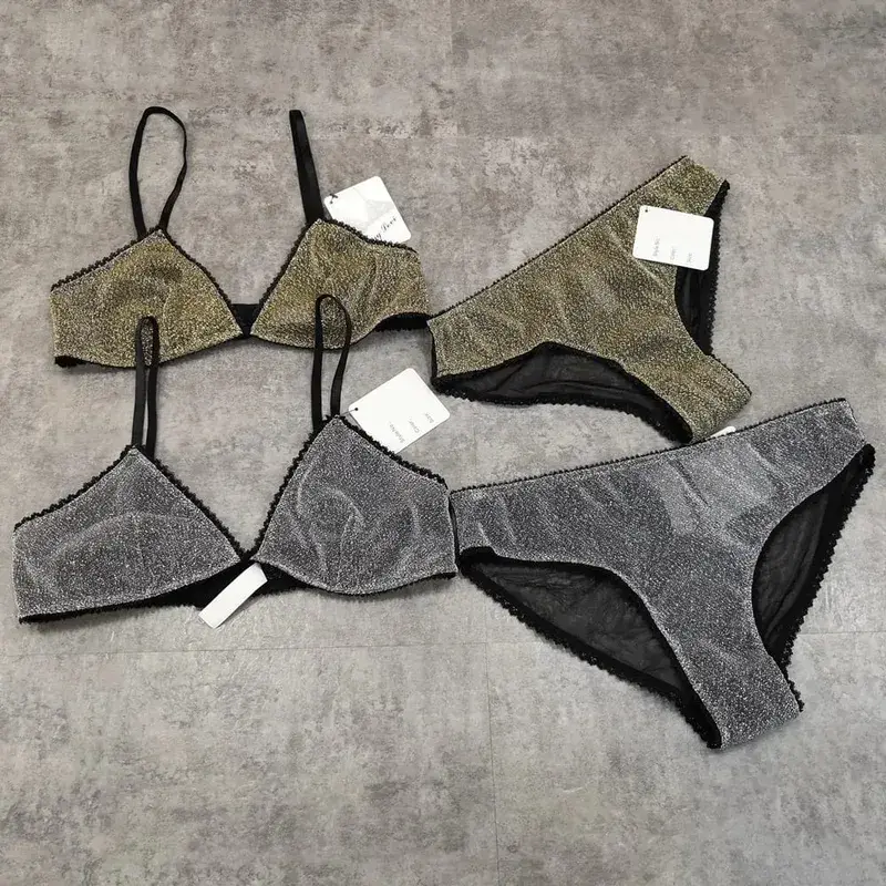 Wriufred-Conjuntos de sujetador cómodos, ropa interior de copa triangular salvaje tentación, conjuntos de lencería Sexy ultrafina dorada y plateada — image 5