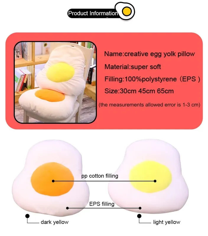 Oreiller en peluche d'œuf créatif, nourriture réaliste, lomelette, jouet en peluche, jaune, coussin, jouets pour enfants, décoration de canapé de maison — image 9