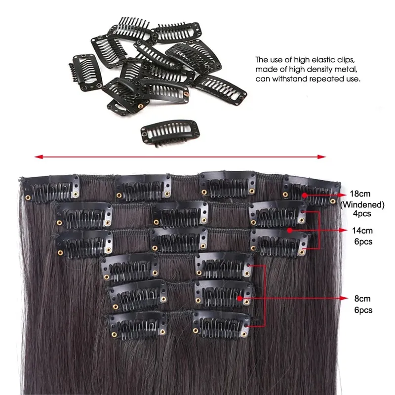 Leeons 16Clips Long Straight Synthetic Clip On Hair Extensions Cheveux Clip Naturel High Temperature Fiber Black Brown Hairpiece — image 5