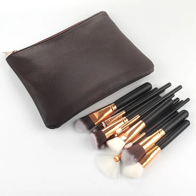 Pro 15-teiliges Make-up-Pinsel-Set für Puder, Foundation, Lidschatten, Make-up-Pinsel, Kosmetik, weiches Kunsthaar, mit Lederetui — image 2