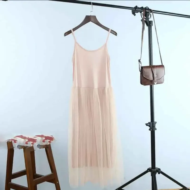 Spring And Summer New Sexy Spaghetti Strap Patchwork Mesh Dress Women Gauze Lace Tank Casual Dresses Sundress Party Vestidos