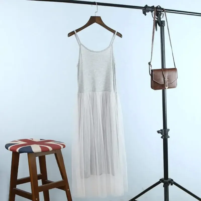 Spring And Summer New Sexy Spaghetti Strap Patchwork Mesh Dress Women Gauze Lace Tank Casual Dresses Sundress Party Vestidos