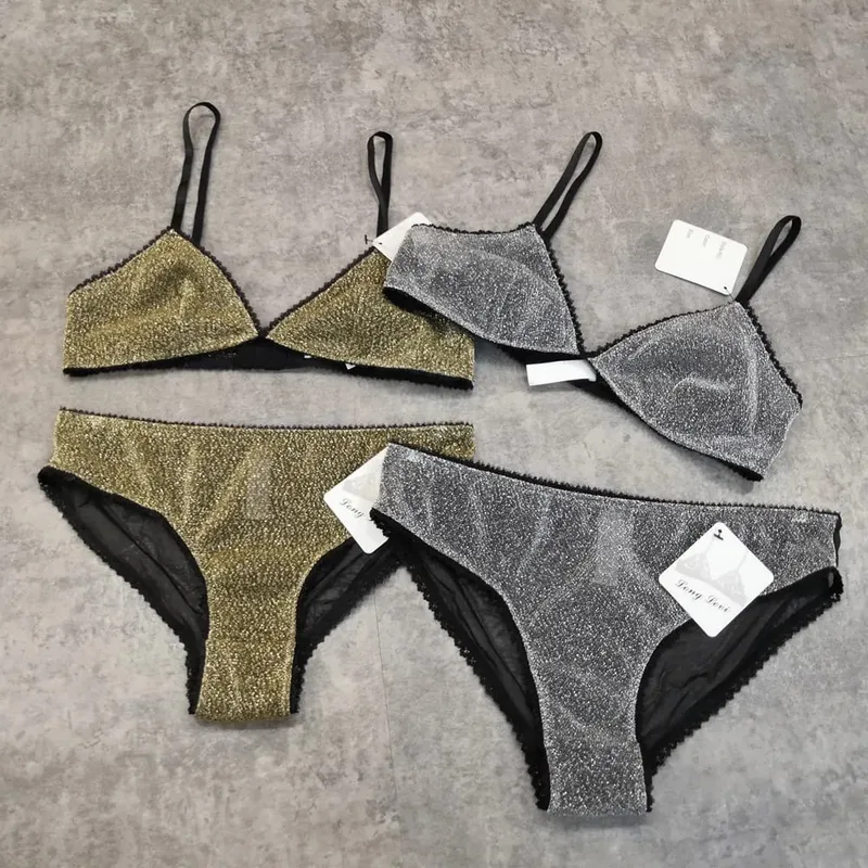 Wriufred-Conjuntos de sujetador cómodos, ropa interior de copa triangular salvaje tentación, conjuntos de lencería Sexy ultrafina dorada y plateada — image 3