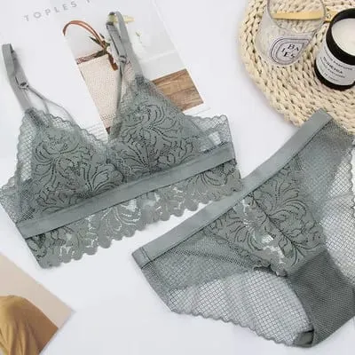 Trådløs bomuldskop med fuld blonder, behageligt dameundertøjssæt Soft-cup trekant bralette og gennemsigtige trusser bh lingeri — image 8