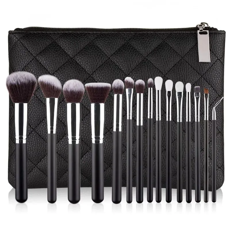 15 stk Professionelle make-up børster Sæt Makeup Power Brush Make Up Skønhedsværktøj Blødt syntetisk hår med læderetui