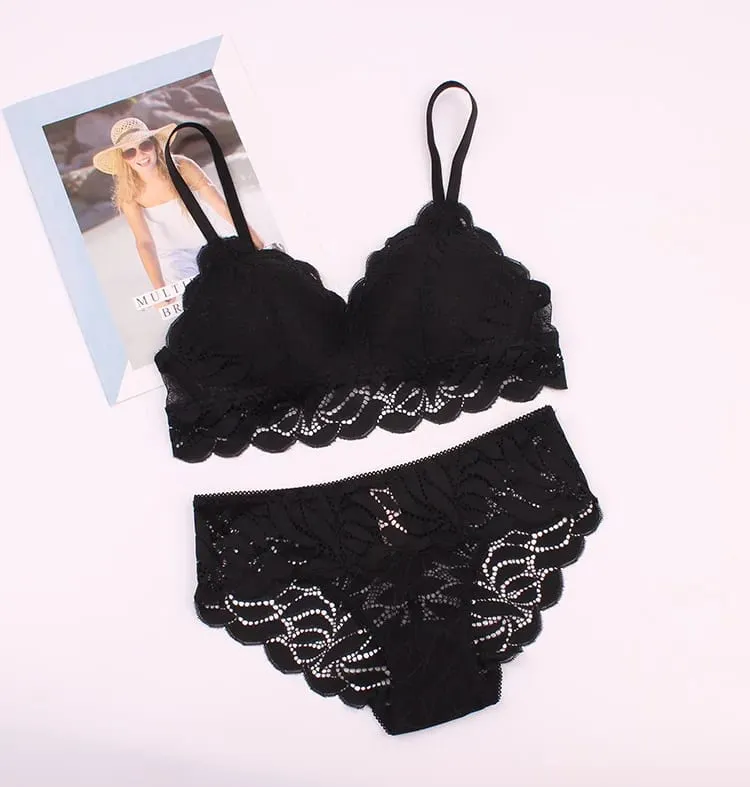 Ensemble soutien-gorge et culotte en dentelle à motif de feuilles de saule, bonnet doux, doublure Ultra fine, sans fil, sous-vêtements en dentelle, Lingerie pour femmes, nouvelle mode 2019