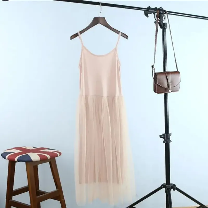 Spring And Summer New Sexy Spaghetti Strap Patchwork Mesh Dress Women Gauze Lace Tank Casual Dresses Sundress Party Vestidos