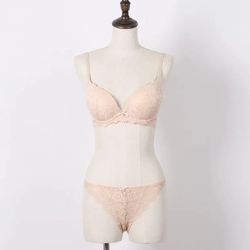 Push Up Bra Set Embroidery Lace Bra and Panties Set Thick Cup U Backless Everyday Lingerie Underwear Women Brassieres